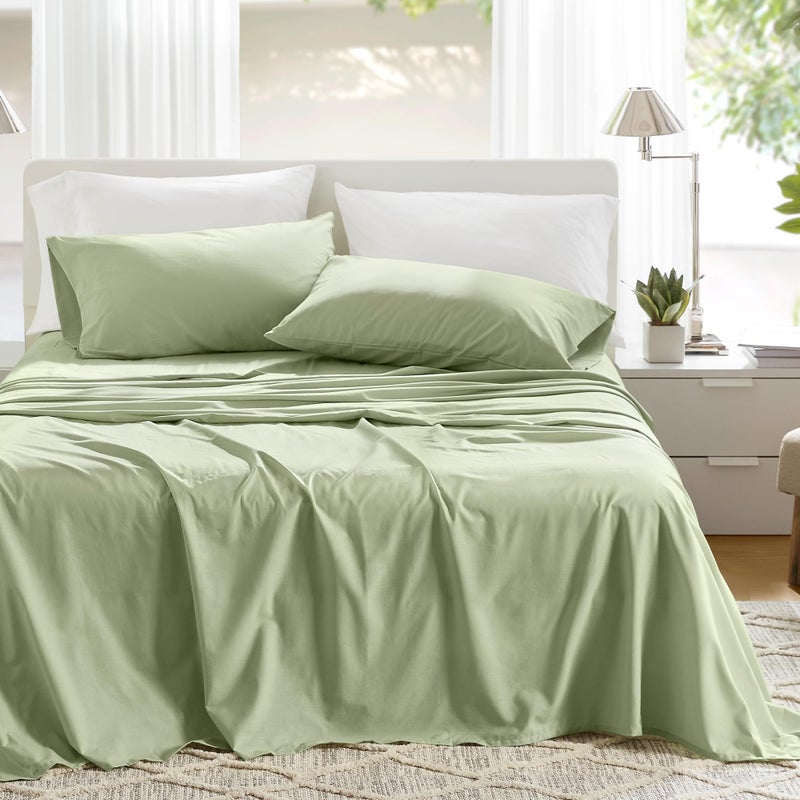 Comfort Spaces 100% Cotton Sheets Queen, Breathable & Soft Cotton Sheets, Naturally Cool Cotton Bed Sheets with 14" Elastic Pocket Fits up to 16" Mattress, All Seasons Sheet Set, Sage Green 4 Piece - Image 1