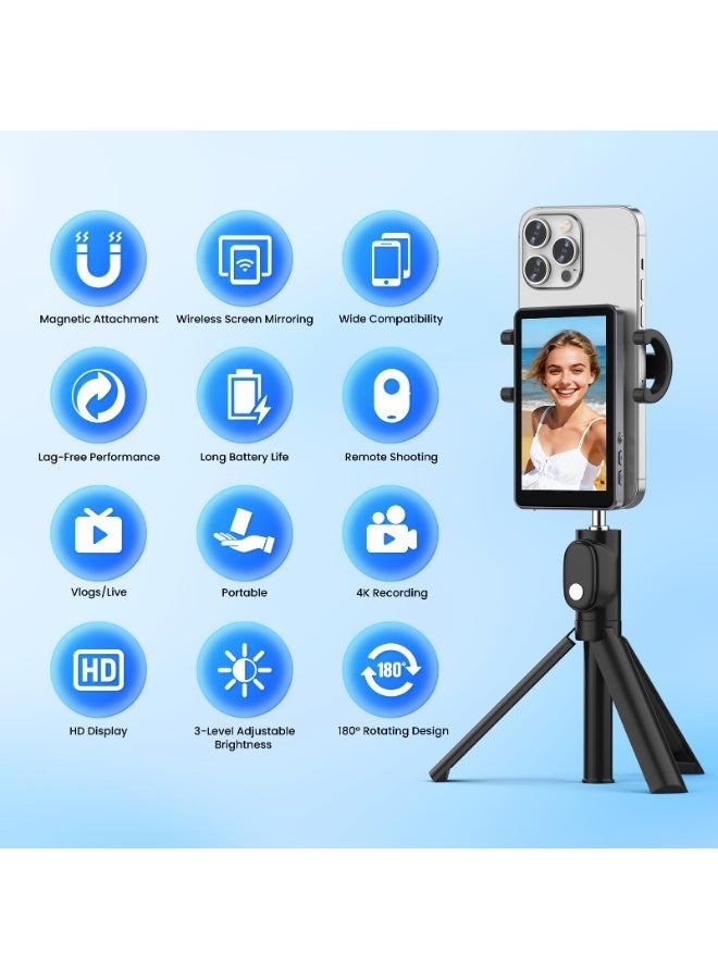 Vlog Selfie Monitor Screen iPhone, 4K 60fps Recording, Wireless Screen Mirroring with Remote Control, Magnetic Fixation, 180° Rotation, 3 Levels of Brightness, Compatible with iPhone & Android - Image 3