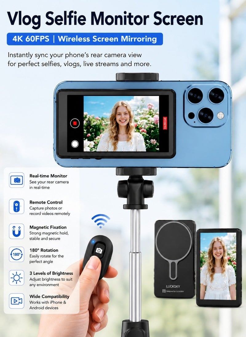 Vlog Selfie Monitor Screen iPhone, 4K 60fps Recording, Wireless Screen Mirroring with Remote Control, Magnetic Fixation, 180° Rotation, 3 Levels of Brightness, Compatible with iPhone & Android - Image 2