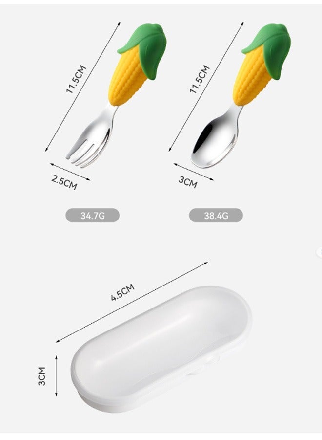 GMORO Cartoon Corn Shape Baby Fork and Spoon Set,Stainless Steel Utensils Cutlery Kit with Travel Safe Carry Case for Toddler Self Feeding Learning - Image 2