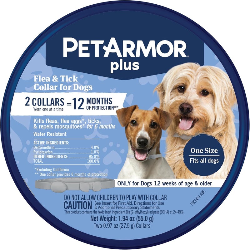 بيت آرمور حزام PetArmor Plus ضد البراغيث والقراد للكلاب: يقضي على البراغيث والقراد، ويوفر حماية طويلة الأمد تصل إلى 12 شهرًا، مقاوم للماء، مقاس واحد يناسب الجميع، عدد الحزامات: 2 حزامات. - Image 1