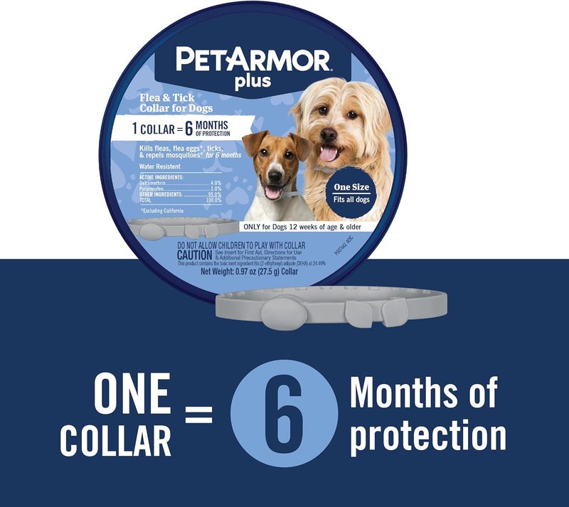 بيت آرمور حزام PetArmor Plus ضد البراغيث والقراد للكلاب: يقضي على البراغيث والقراد، ويوفر حماية طويلة الأمد تصل إلى 12 شهرًا، مقاوم للماء، مقاس واحد يناسب الجميع، عدد الحزامات: 2 حزامات. - Image 3