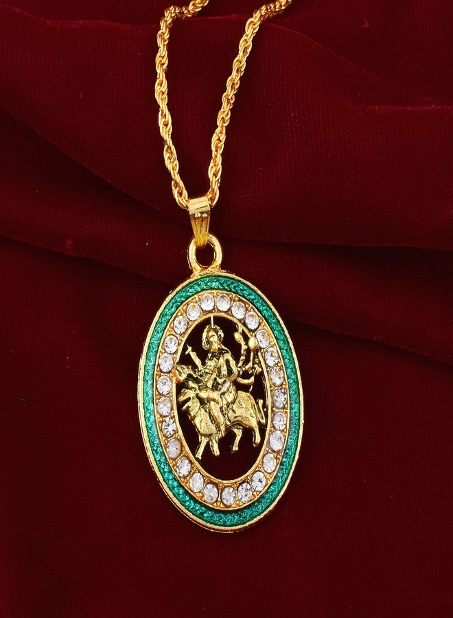 Memoir Brass Goldplated Firoza Meenakari Cubic Zirconia Maa Sherawali Durga Pendant temple Jewellery Hindu (PCKL7722) - Image 5