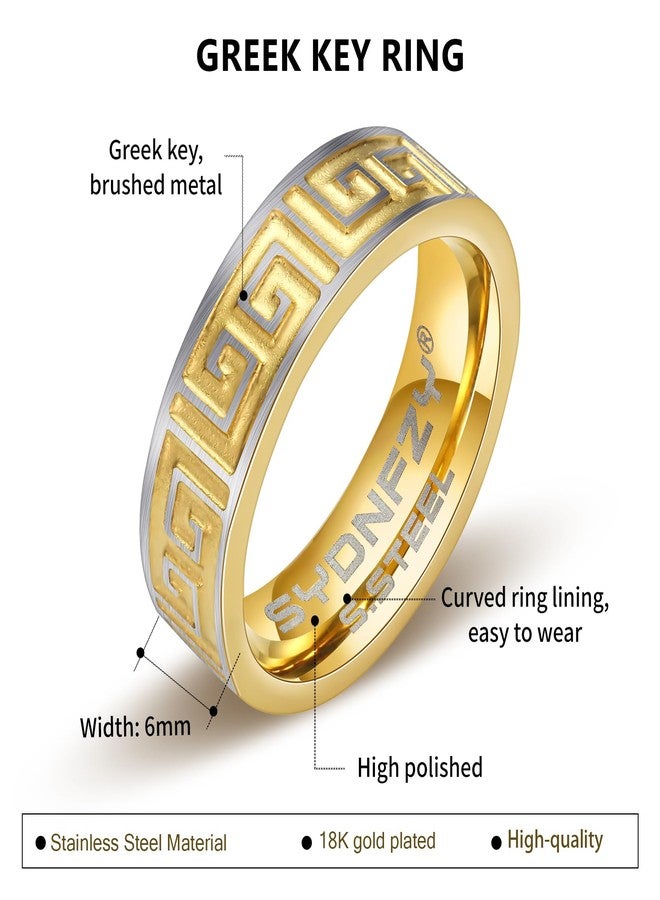 SYDNFZY Mens Wedding Band Ring - Fashion Durable Stainless Steel Engagement Promise Rings for Men Women, 6mm Greek Key Ring for Men Couple Jewelry Gift Ring Size 6 7 8 9 10 11 (Greek key-gold, 11) - Image 2