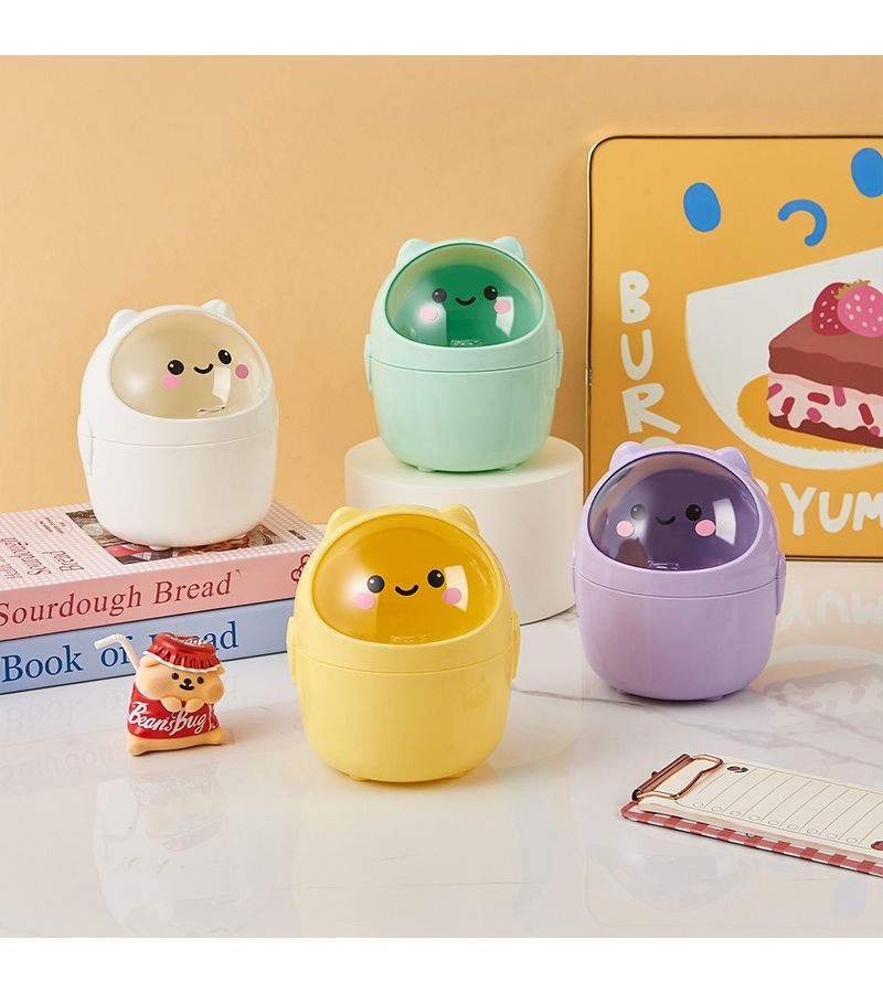 Yellow Desktop Mini Flip Top Trash Can With Lid For Office Pen Holder - Image 5