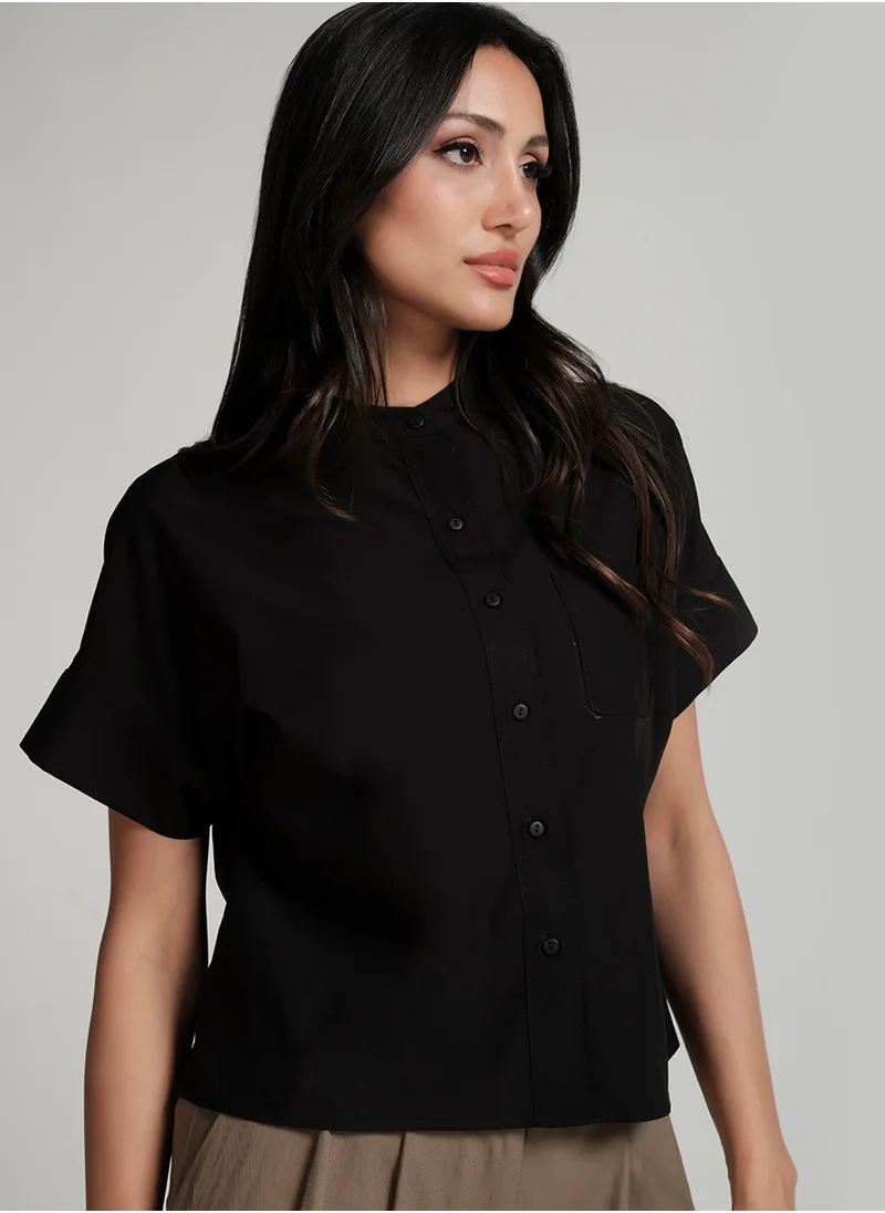 Zigzag Crop Turn Up Sleeve Cotton Black Shirt