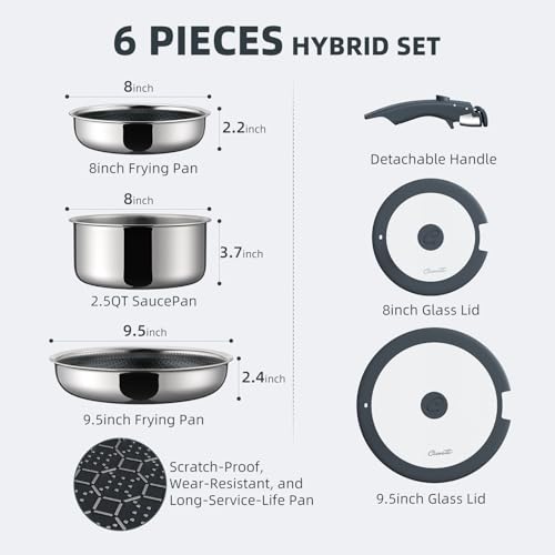 Ciwete 6-Piece Hybrid Stainless Steel Pots and Pans Set Non Stick, Tri-Ply Stainless Steel Cookware Set with Lids and Detachable Handle, PFOA Free Kitchen Skillet for All Cooktops, Dishwasher Safe - Image 2