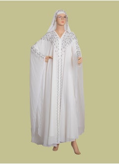 Elegant Pearl and Stone Embellished Jalabiya Dress White
