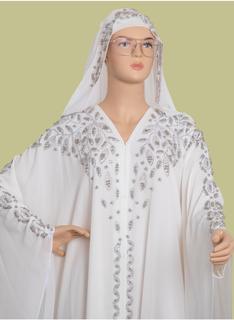 Spiffy Snow - Elegant Pearl and Stone Embellished Jalabiya Dress White - Image 1