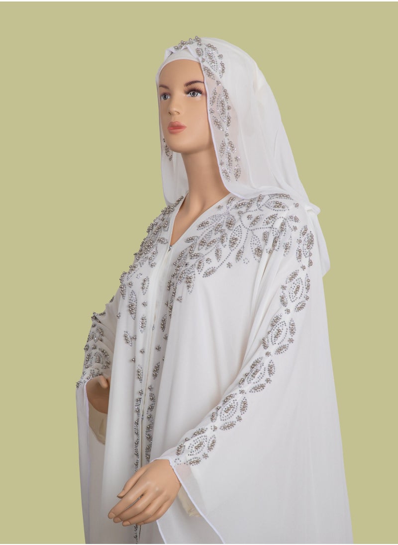 Spiffy Snow - Elegant Pearl and Stone Embellished Jalabiya Dress White - Image 1