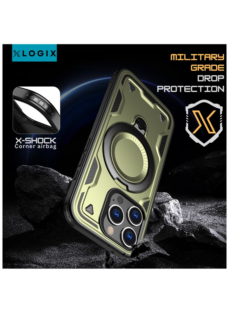 XLogiX for iPhone 16 Pro Max | Armoured Case with Built-in Kickstand, Heavy-Duty Protection, Shockproof, Slim Design, Compatible with MagSafe Accessories, ArmourX Series - GREEN - Image 2
