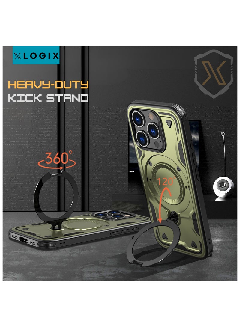 XLogiX for iPhone 16 Pro Max | Armoured Case with Built-in Kickstand, Heavy-Duty Protection, Shockproof, Slim Design, Compatible with MagSafe Accessories, ArmourX Series - GREEN - Image 4