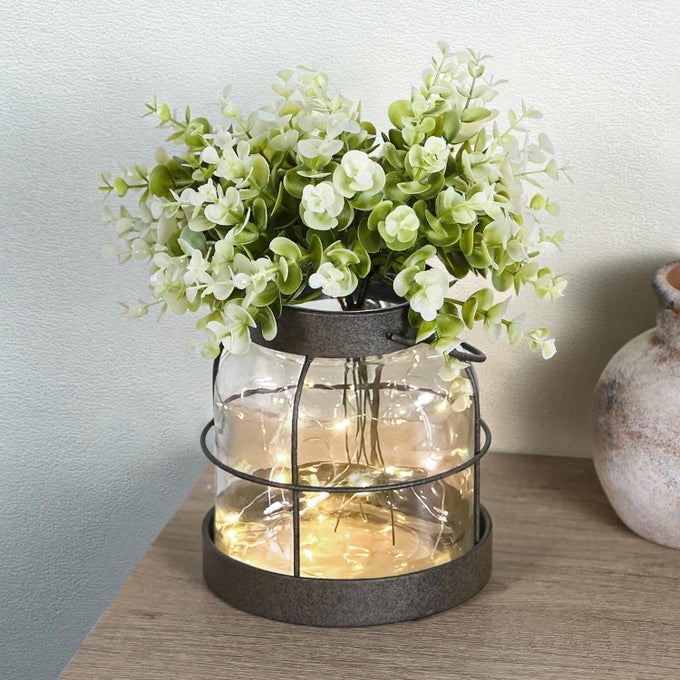 VINTAGE GLASS FARMHOUSE VASE HANDMADE RUSTIC LANTERN PLANTER WITH BONUS ARTIFICIAL FLOWERS LED LIGHTS HOME DECOR CENTERPIECE FARMHOUSE WEDDINGTABLETOP DECOR HOUSEWARMING GIFT