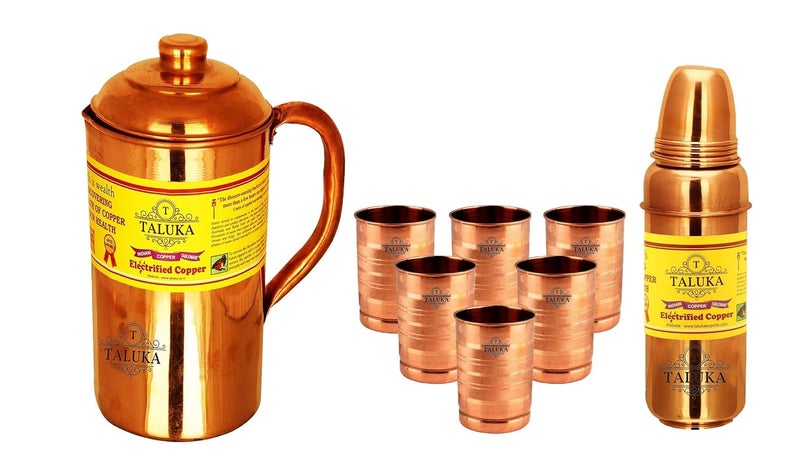Taluka Plain Copper Jug Pitcher 1500 ml with 6 Copper Glass Cup 1 Thermos Water Bottle Storage Drinking Home Hotel Restaurant Tableware - Image 1