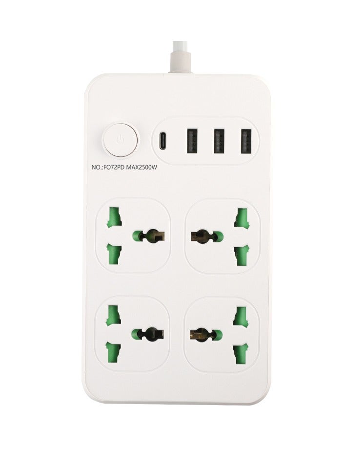 موزع كهربائي مزود بـ 4 منافذ تيار متردد و3 منافذ USB-A ومنفذ USB-C واحد، مع سلك تمديد بطول 3 أمتار، وحماية ضد الصواعق والحمل الزائد، قابل للتثبيت على الحائط، أبيض - Image 1