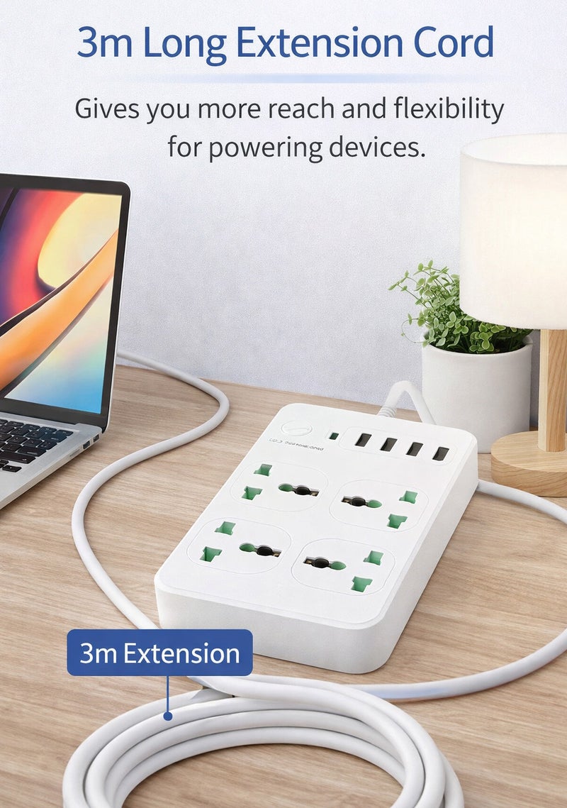 موزع كهربائي مزود بـ 4 منافذ تيار متردد و3 منافذ USB-A ومنفذ USB-C واحد، مع سلك تمديد بطول 3 أمتار، وحماية ضد الصواعق والحمل الزائد، قابل للتثبيت على الحائط، أبيض - Image 3