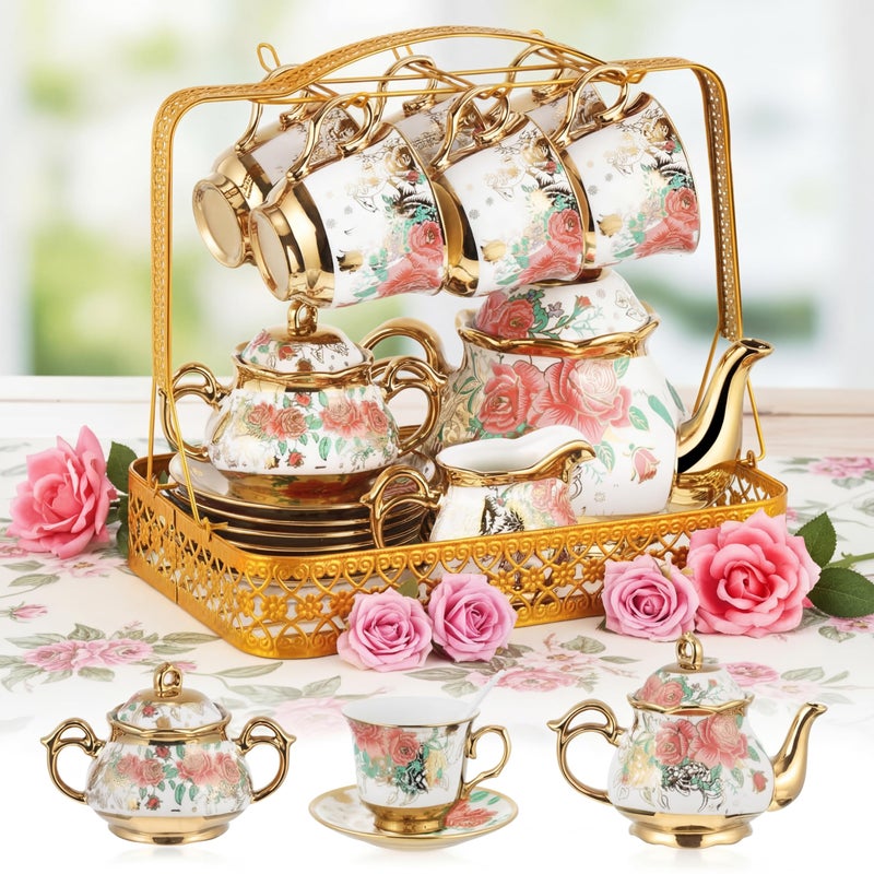 Suttmin 22 Pcs Vintage Porcelain Tea Set with Metal Stand, Ceramic Vintage Floral Tea Set for 6, European Style Teapot and Cups, Afternoon Service for Women Mom, Mothers Day Gift(White Rose Floral) - Image 1