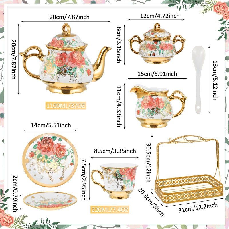 Suttmin 22 Pcs Vintage Porcelain Tea Set with Metal Stand, Ceramic Vintage Floral Tea Set for 6, European Style Teapot and Cups, Afternoon Service for Women Mom, Mothers Day Gift(White Rose Floral) - Image 2