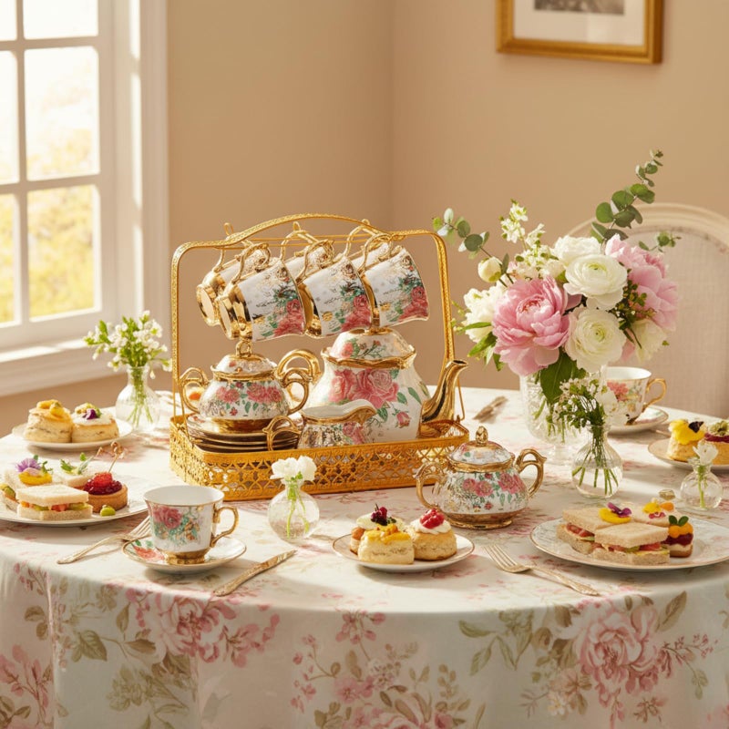Suttmin 22 Pcs Vintage Porcelain Tea Set with Metal Stand, Ceramic Vintage Floral Tea Set for 6, European Style Teapot and Cups, Afternoon Service for Women Mom, Mothers Day Gift(White Rose Floral) - Image 3