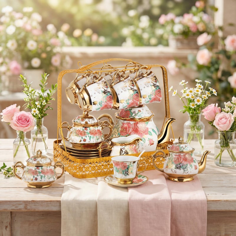 Suttmin 22 Pcs Vintage Porcelain Tea Set with Metal Stand, Ceramic Vintage Floral Tea Set for 6, European Style Teapot and Cups, Afternoon Service for Women Mom, Mothers Day Gift(White Rose Floral) - Image 4