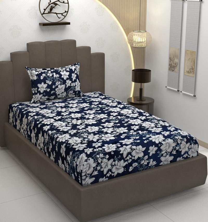 TIB Flannel Elastic Fitted Winter bedsheet Single Bed, 36x78x8 inches, with 1 Pillow Cover, 18x28 inches (Flower Blue) - Image 1