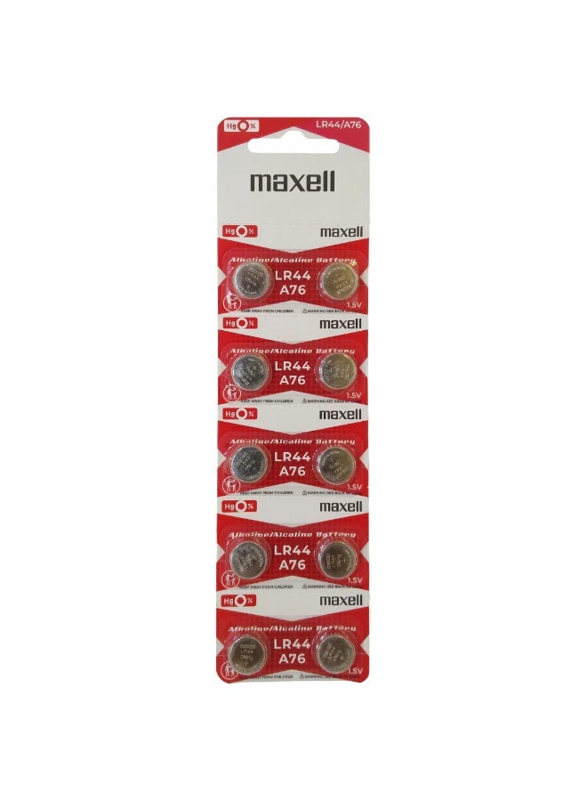 MAXELL LR44 AG13 A76 1.5V Alkaline Button Cell Batteries, 10 Piece Pack - Image 2