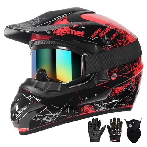 SPARK Dirt Bike Helmets Kids Motorcycle Helmet Youth ATV Motocross Full Face Men Women Off-Road Mountain Bike Helmet Adult with(Gloves Goggles Mask) DOT Approved 4Pcs Set (Red, Large) - Image 1