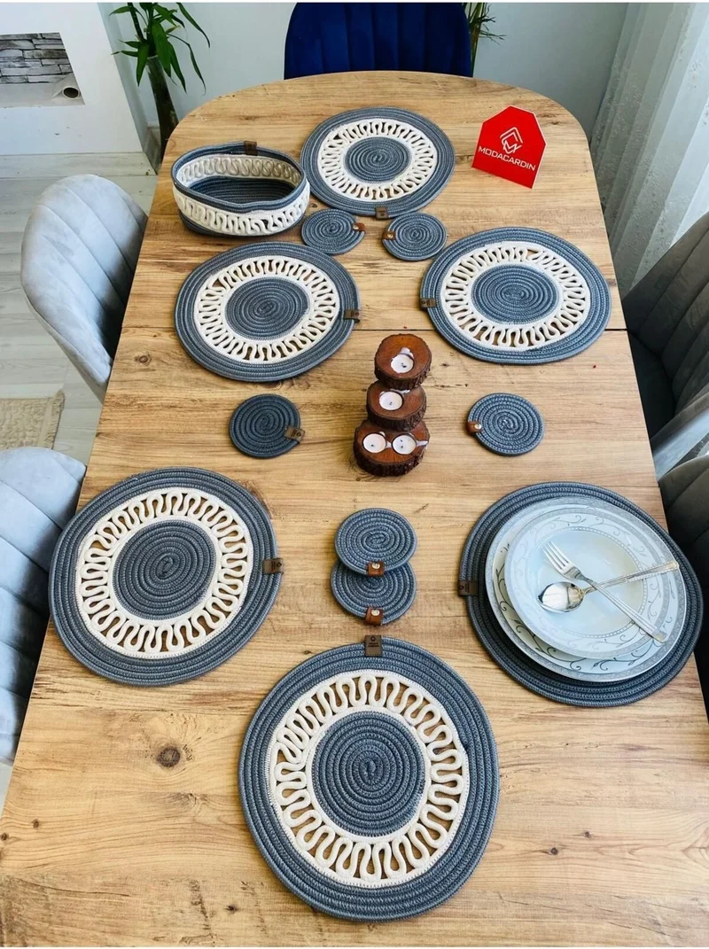 BDZ Deri BDZ Leather Jute Wicker American Service Plate Coaster and Basket 13 Pieces