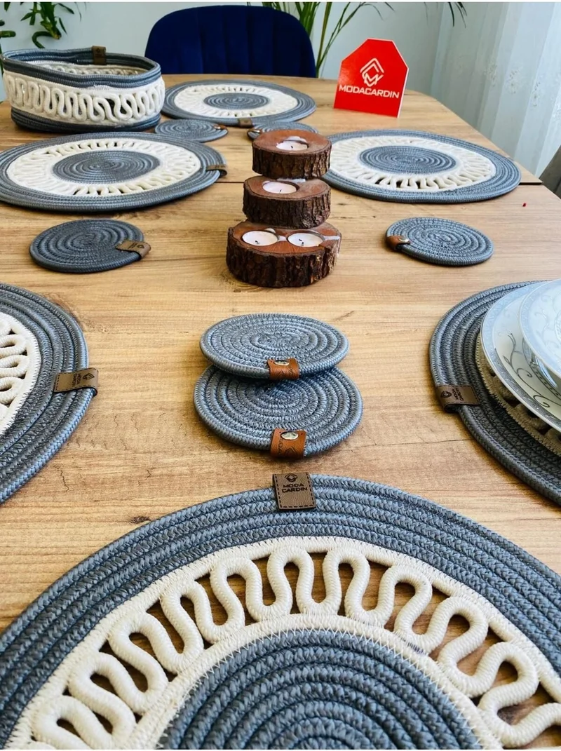 BDZ Deri BDZ Leather Jute Wicker American Service Plate Coaster and Basket 13 Pieces
