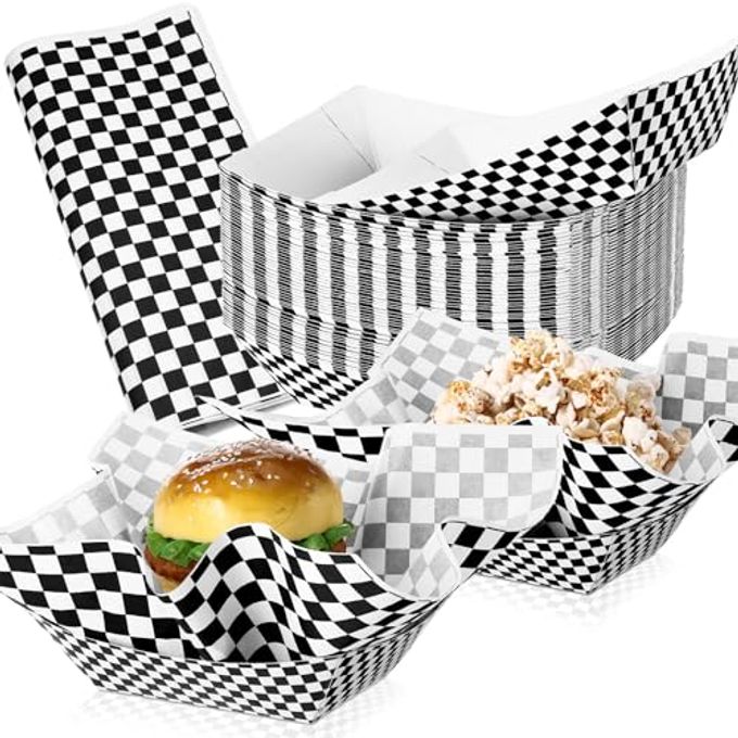 Geosar 100 Pcs Gingham Party Supply Disposable Paper Food Tray Bulk Disposable Food Boat with Checkered Wax Paper Sheet Checkered Wrapping Supply for Carnival Picnic Birthday Party (Black White)