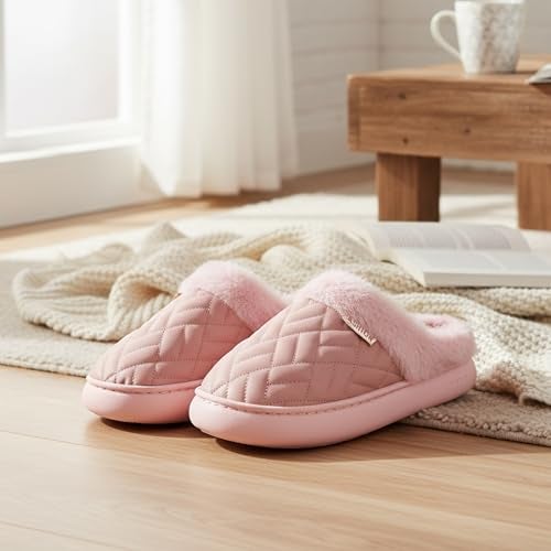 VRITRAZ Women’s Winter Slippers | Warm Indoor Outdoor Shoes | Soft Fur Lined Anti-Slip Cozy Footwear for Ladies | Comfortable Quilted Design House Shoes (Pink – Size 6) - Image 2