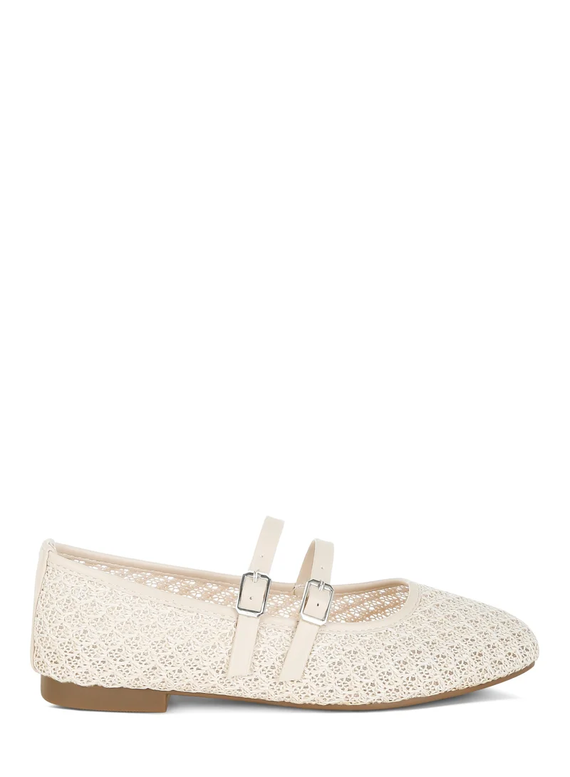 Pin Buckle Strapped Ballerinas in Beige