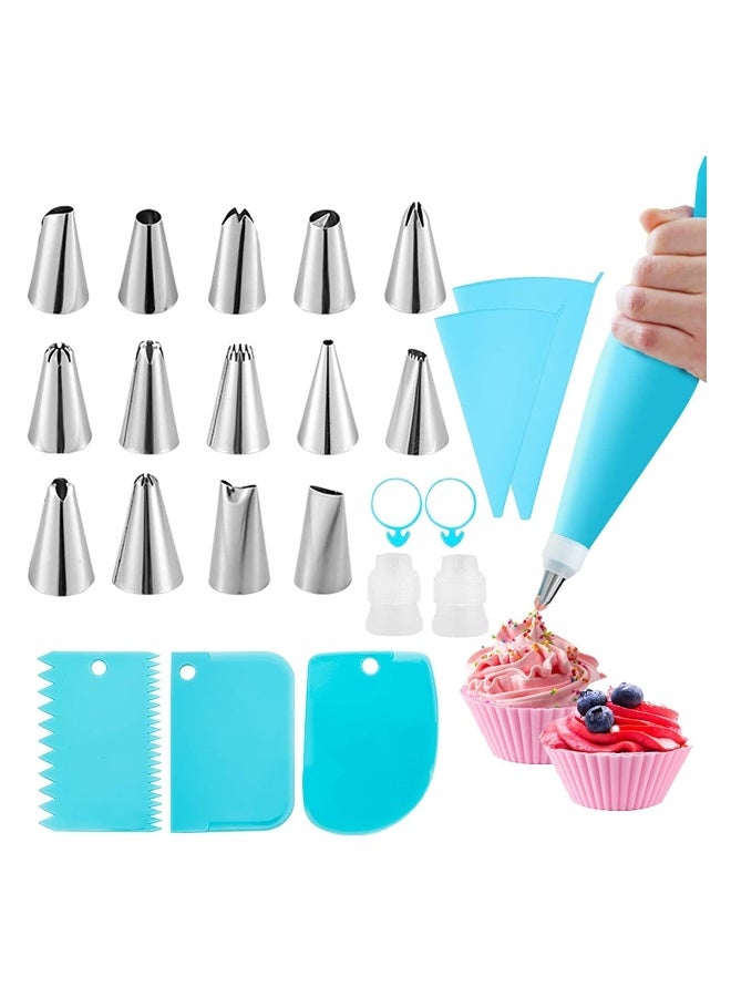 25 Pcs Cake Decorating Kits with Piping Bags and Tips - Includes 14 Stainless Steel Baking Nozzles, 2 Reusable Silicone Pastry Bags, 3 Icing Smoothers, 2 Couplers, Ties & Cupcake Molds - Image 1
