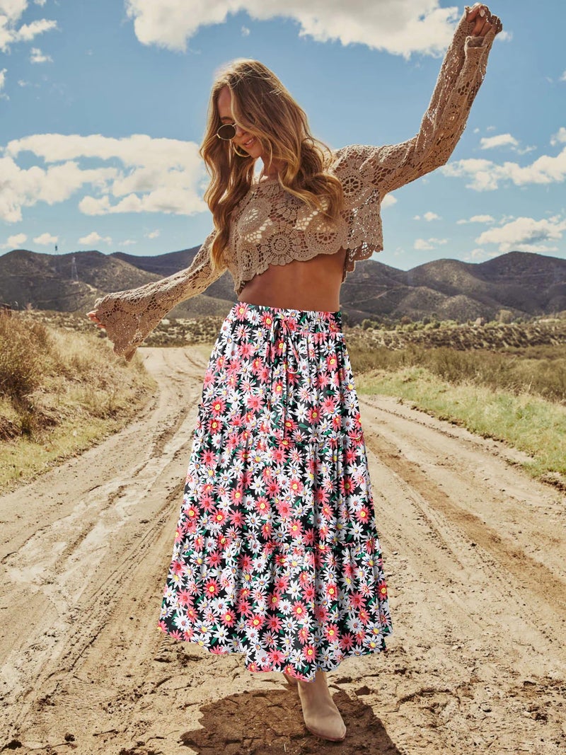 onlypuff Maxi Skirt for Women Boho Western Skirts High Waist Long Skirt with Pockets Fall Festival Outfits Clothing Sunflower XL - Image 2