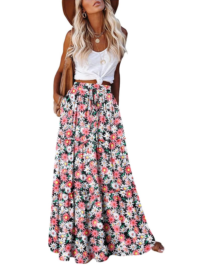 onlypuff Maxi Skirt for Women Boho Western Skirts High Waist Long Skirt with Pockets Fall Festival Outfits Clothing Sunflower XL - Image 1