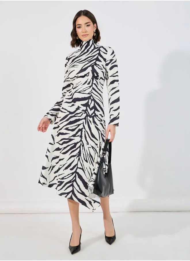 Styli Animal Print Asymmetric Hem A-Line Midi Dress