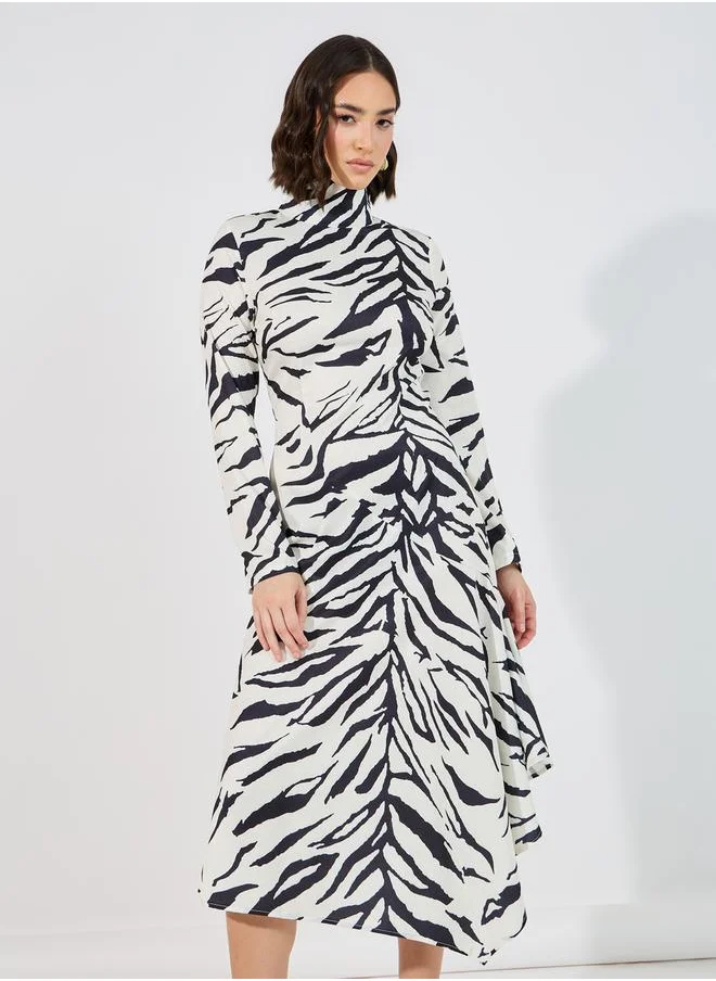 Styli Animal Print Asymmetric Hem A-Line Midi Dress