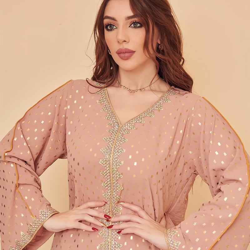 FPOVFPO Womens Muslim Abaya Dress One-Piece V Neck Bronzing Dress Islamic Full Length Kaftan Daily Casual Dress Pink ,X-Large - Image 2