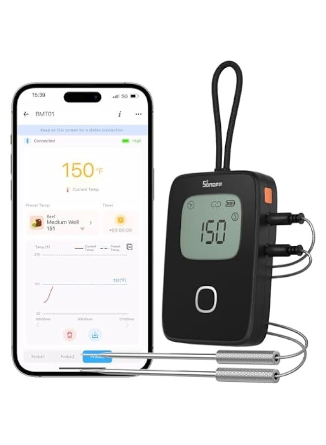 SONOFF Meat Thermometer, Wireless Meat Thermometer for Smoker Oven, Digital Grill Thermometer with 2 Probes, Timer Mode,Smart LCD Backlight,Notification Alert,BBQ Thermometer - Image 1