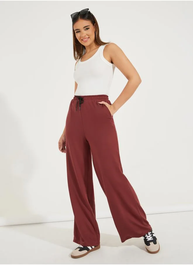 Styli Solid Wide Leg Joggers with Elasticated Waist & Drawstrings
