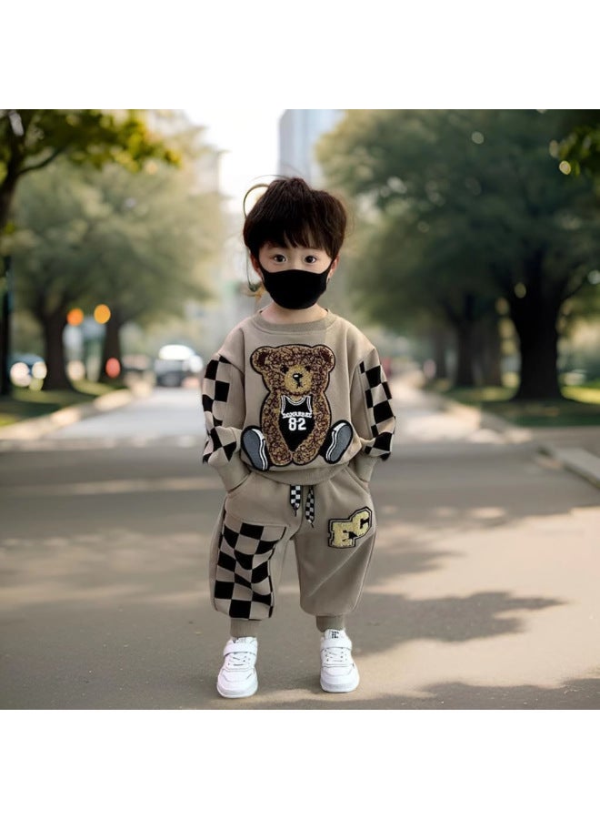 Boys' Spring Cartoon Two-piece Set New Spring And Autumn Stylish Sweatshirt Trendy Children's Long Pants Bear Outfit
