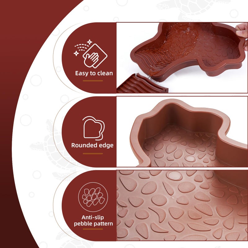 yokugo 3PCS Turtle Water Dish Tortoise Bathing Pool with Ramp, Reptile Water Pool Basking Platform Leaf Reptile Food Dish for Turtle Lizard Gecko Snake Frog Amphibians, Reddish - Image 5