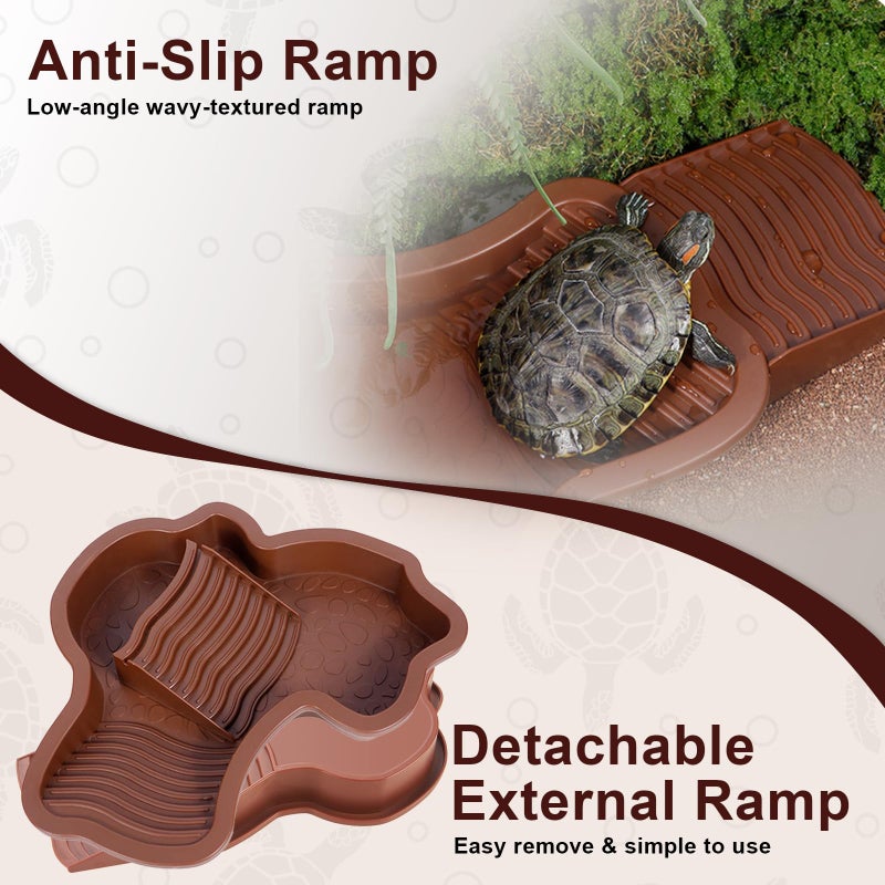 yokugo 3PCS Turtle Water Dish Tortoise Bathing Pool with Ramp, Reptile Water Pool Basking Platform Leaf Reptile Food Dish for Turtle Lizard Gecko Snake Frog Amphibians, Reddish - Image 3