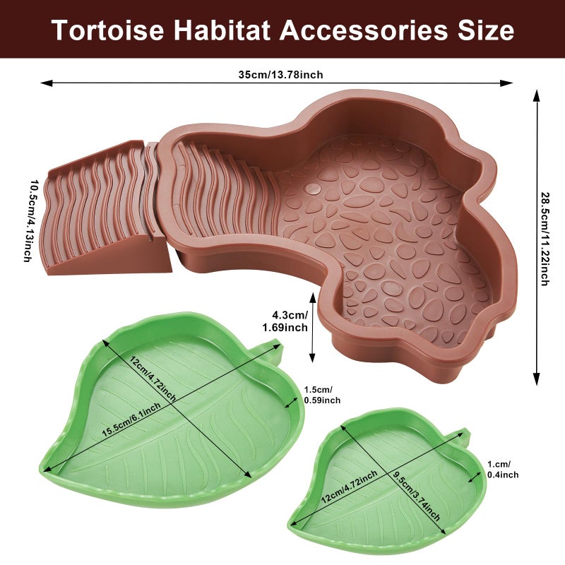 yokugo 3PCS Turtle Water Dish Tortoise Bathing Pool with Ramp, Reptile Water Pool Basking Platform Leaf Reptile Food Dish for Turtle Lizard Gecko Snake Frog Amphibians, Reddish - Image 2