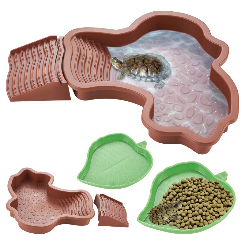yokugo 3PCS Turtle Water Dish Tortoise Bathing Pool with Ramp, Reptile Water Pool Basking Platform Leaf Reptile Food Dish for Turtle Lizard Gecko Snake Frog Amphibians, Reddish - Image 1