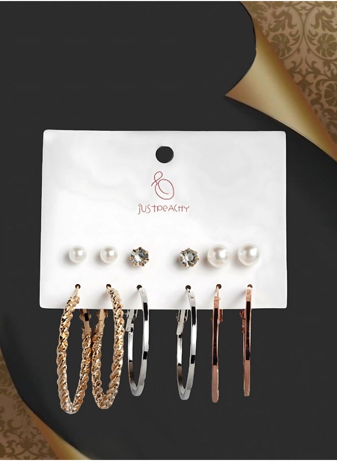 Just Peachy Just Peachy Stylish Hoop Earrings for Women & Girls, GoldToned Heart Shaped with White Beads & 4 Studs, Trendy Ear Bali Set, Perfect for Birthday, Latest Design | Pack of 6  - Image 3