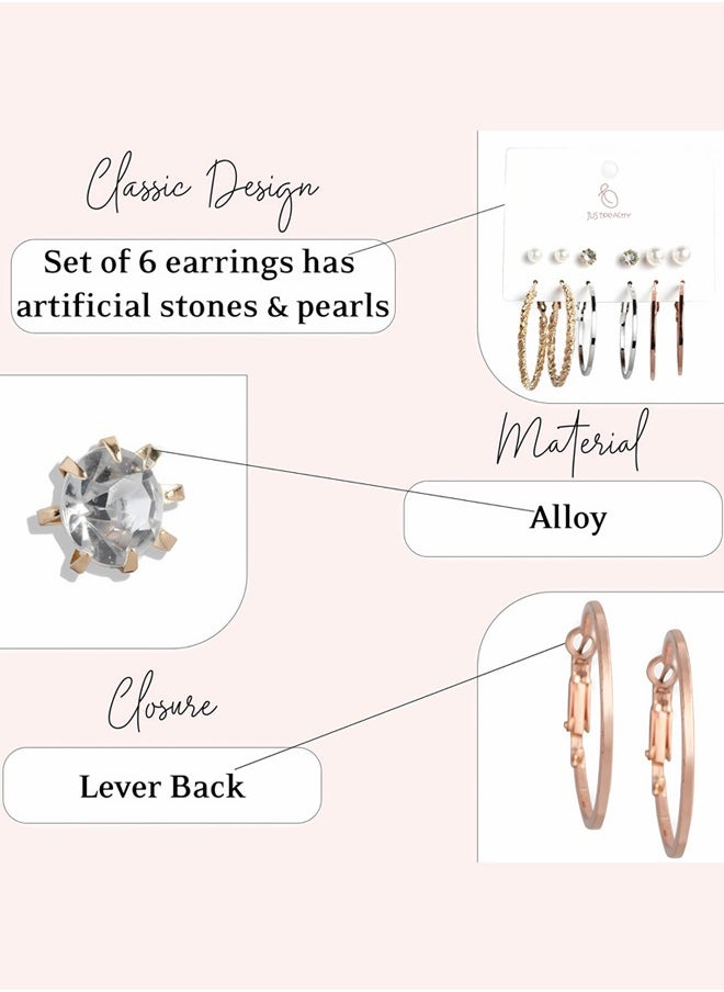 Just Peachy Just Peachy Stylish Hoop Earrings for Women & Girls, GoldToned Heart Shaped with White Beads & 4 Studs, Trendy Ear Bali Set, Perfect for Birthday, Latest Design | Pack of 6  - Image 4