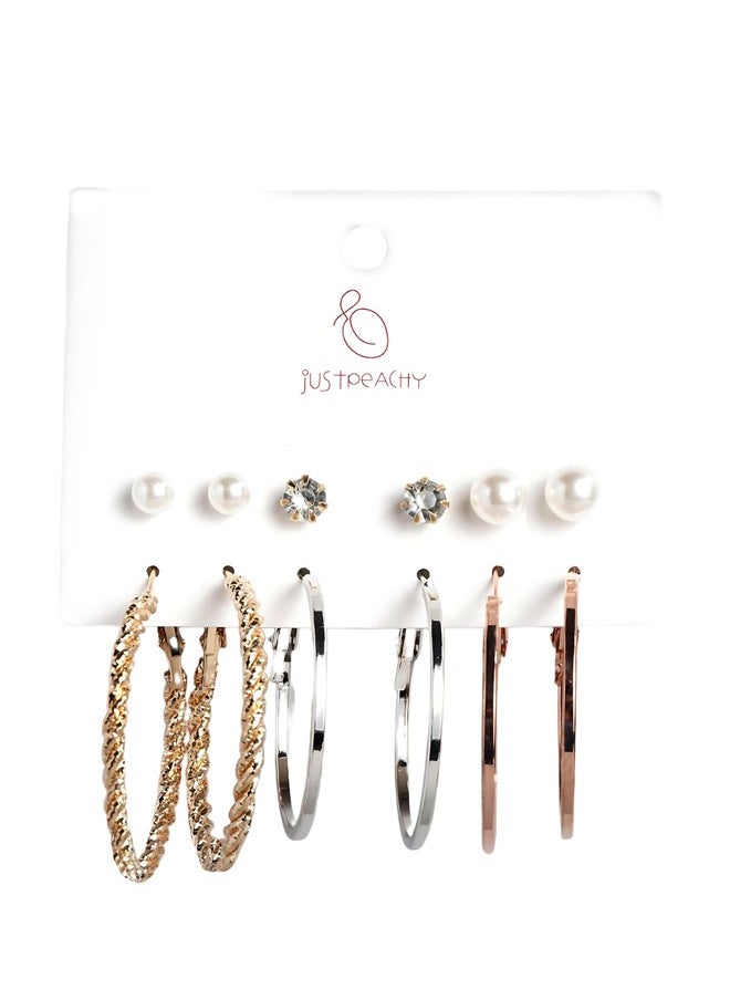 Just Peachy Just Peachy Stylish Hoop Earrings for Women & Girls, GoldToned Heart Shaped with White Beads & 4 Studs, Trendy Ear Bali Set, Perfect for Birthday, Latest Design | Pack of 6  - Image 1