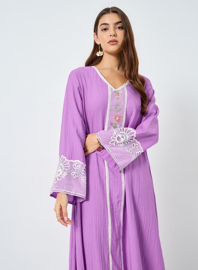 Take Two Textured Embroidery Lace Detail Long Sleeve Jalabiya - Image 2