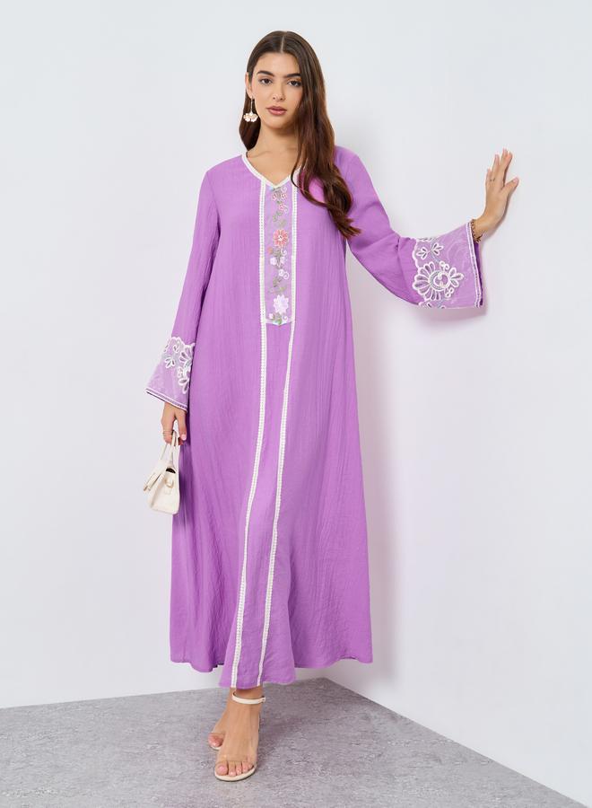 Take Two Textured Embroidery Lace Detail Long Sleeve Jalabiya - Image 1